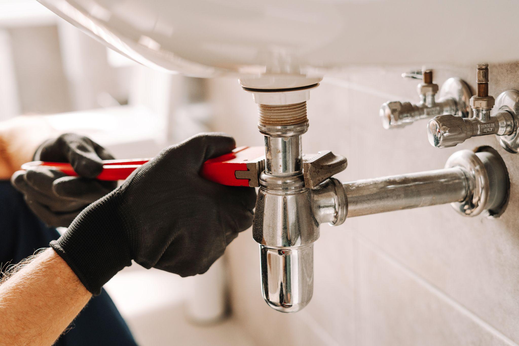 plumber tightening under sink in Oceanside, CA